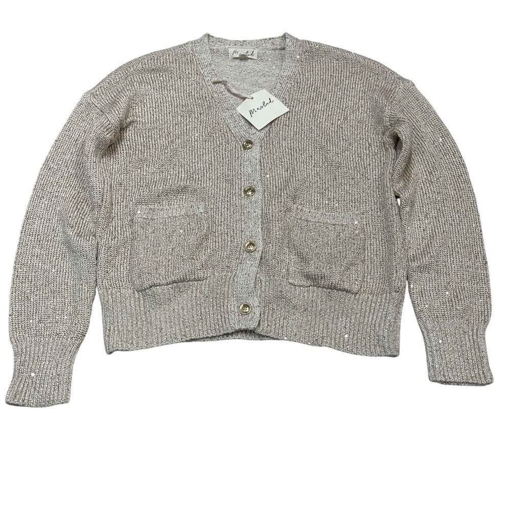 Marled Sweater Womens M Champagne Beige Gold Button Down Cardigan Sequin Holiday - Picture 3 of 10